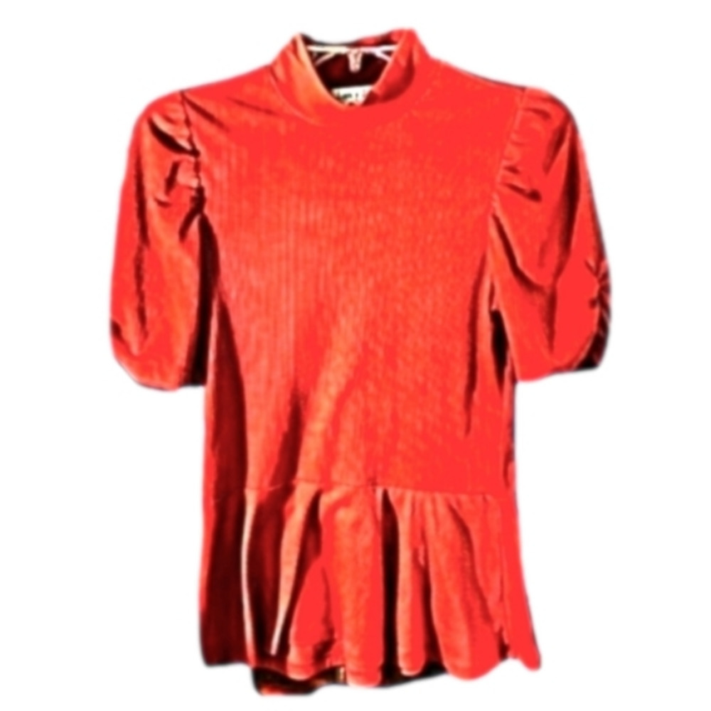 Love + Joy Med Peachy Coral Ribbed Knit Short Sleeves Peplum Mock Turtleneck